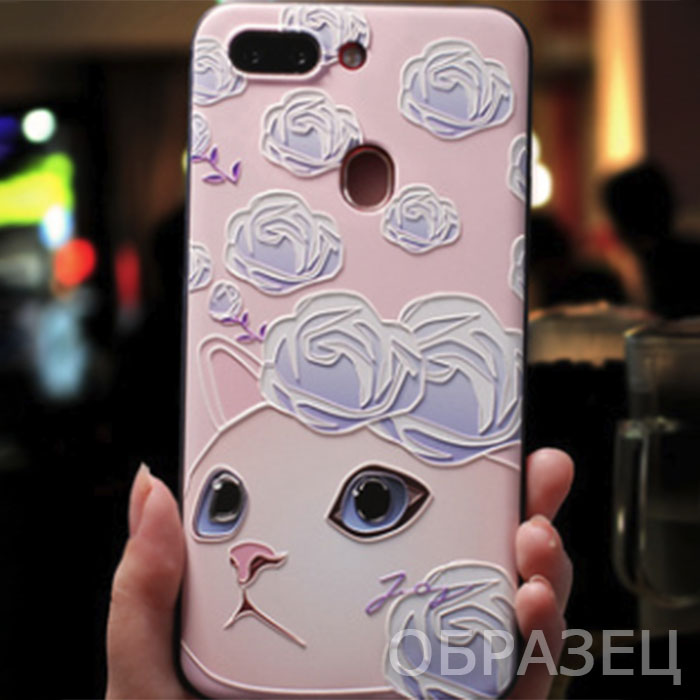 Xiaomi 6X/A2. Накладка, силикон, рельефная печать, Кошка и Цветы, розовый фон