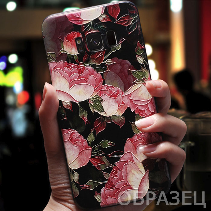 Samsung Note 9. Накладка, силикон, рельефная печать, Цветы, черный фон