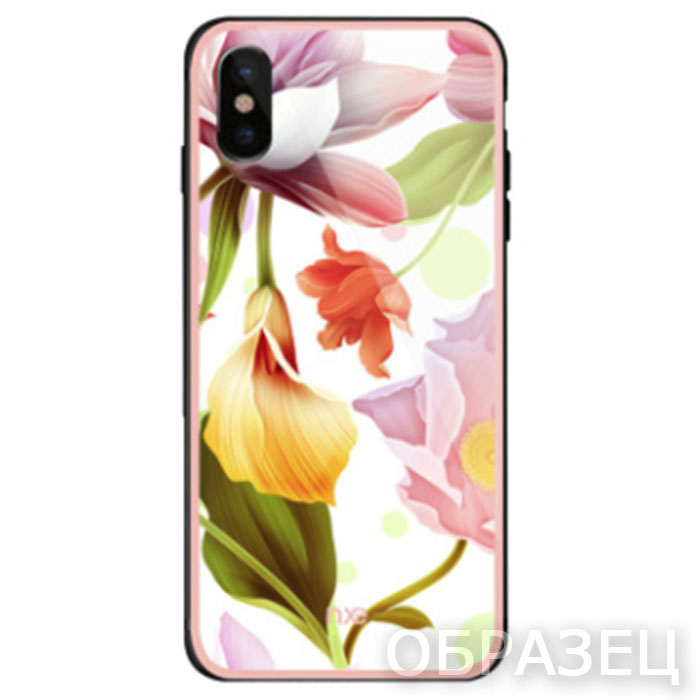 iPhone XS. Накладка, силикон + стекло, NXE, Цветы Розовые