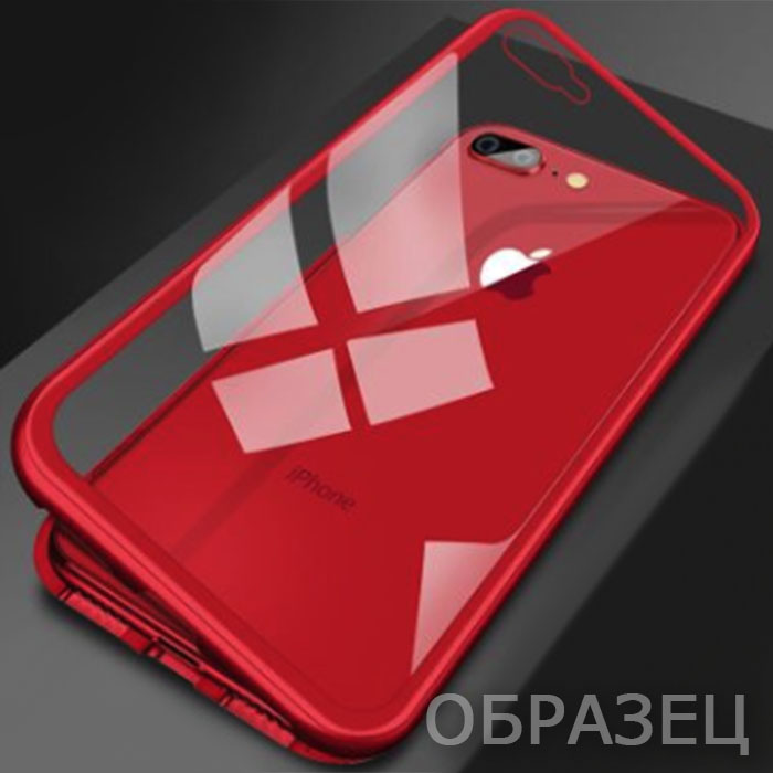 iPhone XS. Накладка, металл + стекло, магнитные крепления, красный