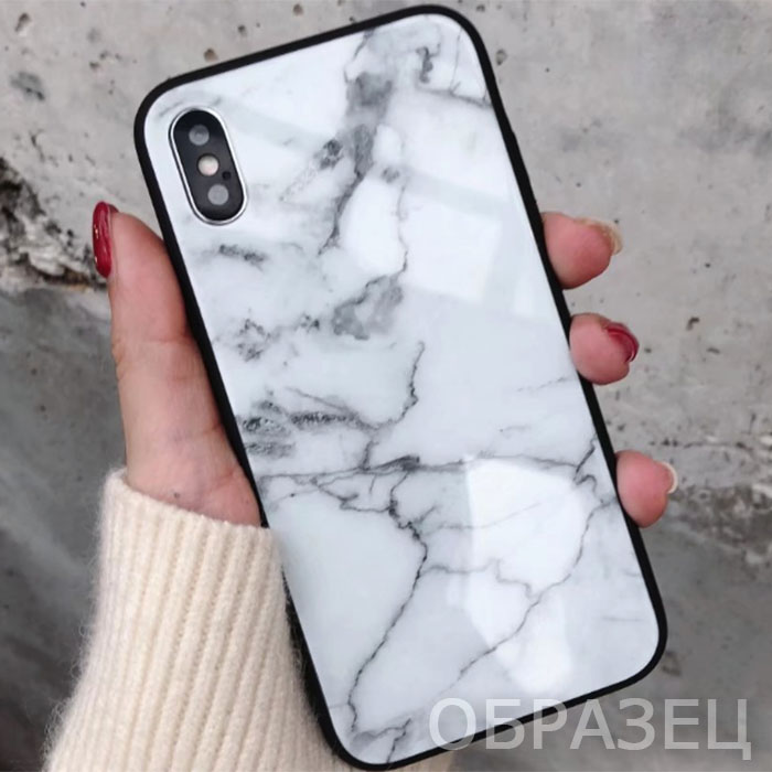 iPhone XS. Накладка, силикон + стекло, Мрамор №2, белый