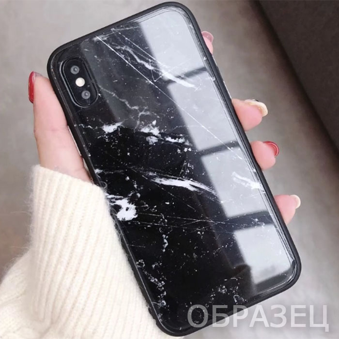 iPhone XS. Накладка, силикон + стекло, Мрамор №2, черный