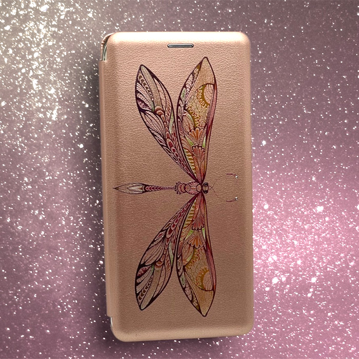 Samsung A70. Книжка, Ooniq, Стрекоза, розовое золото, стразы