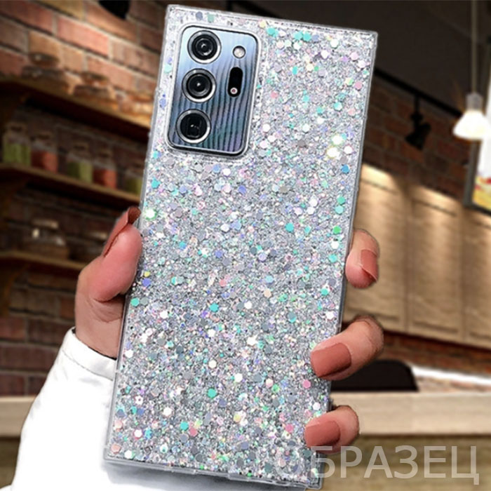 Samsung A20s. Накладка, Epoxy Glitter, сплошной серебристый