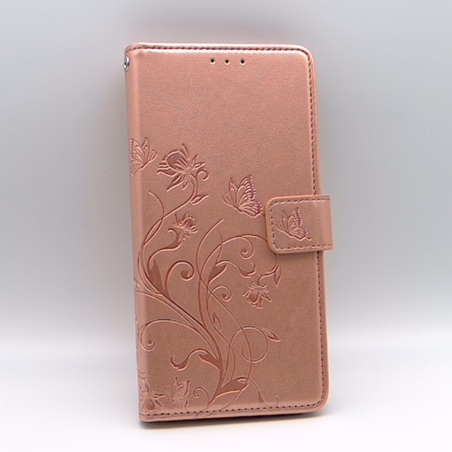 Samsung A51. Книжка, бабочка и цветы, розовое золото