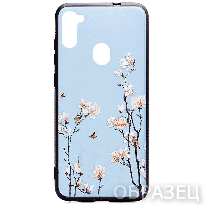 Samsung A01. Накладка, силикон, рельефная печать, Birds Tree, голубой фон