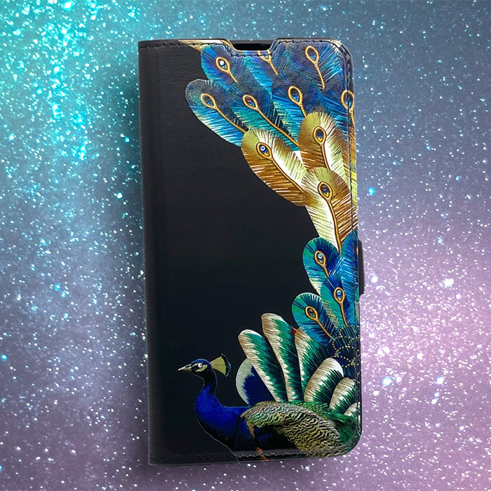 Samsung A71. Книжка, Ooniq, Павлин, черный, стразы