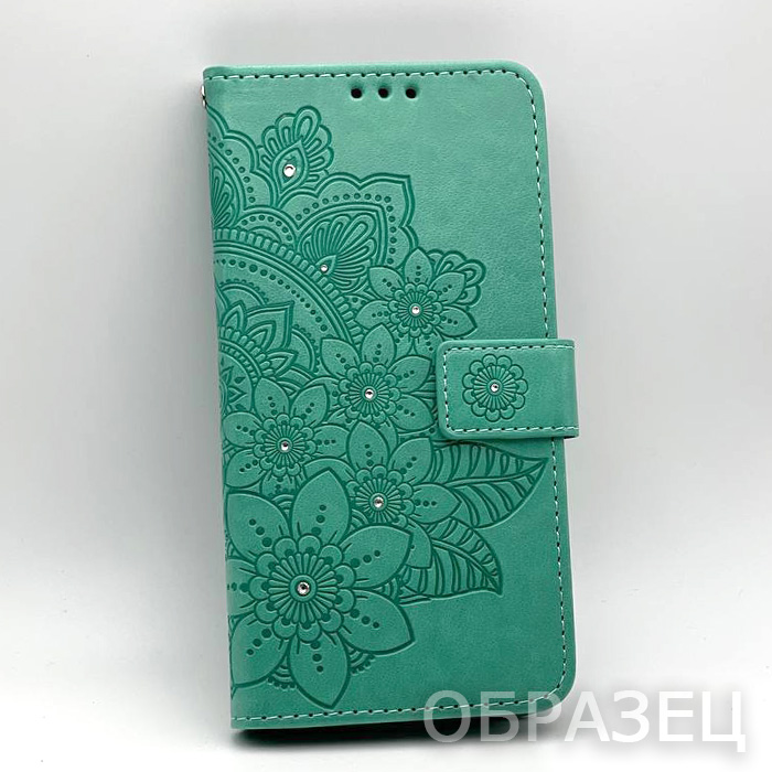 Samsung A21s. Книжка, Цветы орнамент круглый, стразы, мятный