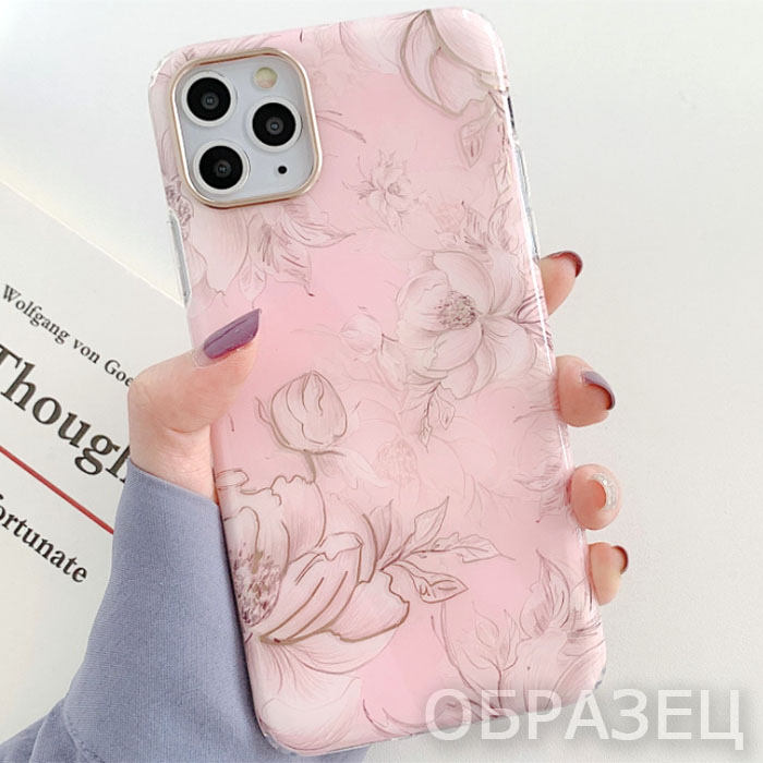 iPhone 12 Mini. Накладка, New IMD Gold, Цветы розовый фон