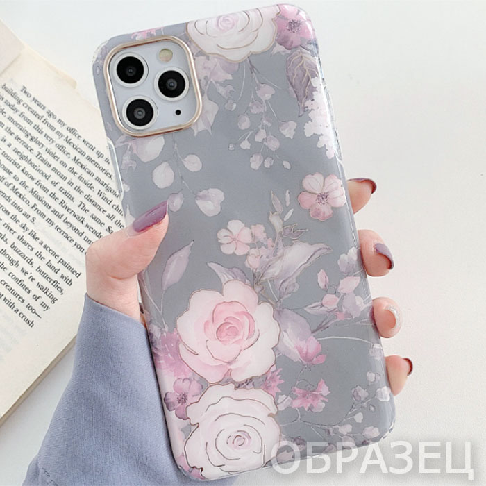 iPhone 12 Mini. Накладка, New IMD Gold, Цветы серый фон