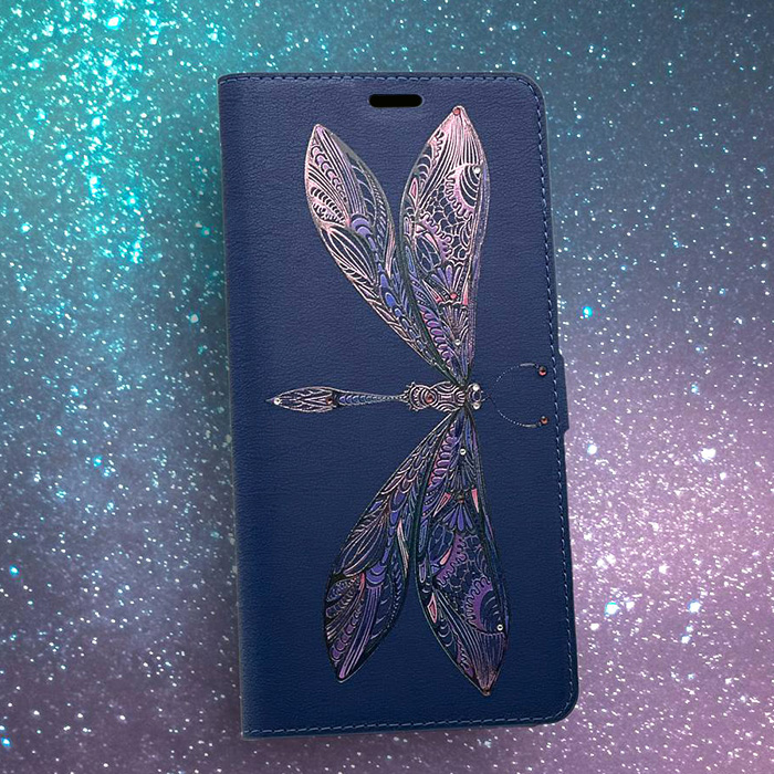 Samsung A02s. Книжка, Ooniq, Стрекоза фиолетовая, стразы