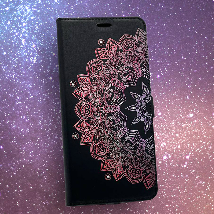Samsung A02s. Книжка, Ooniq, Мандала фиолетово-розовая, черный, стразы