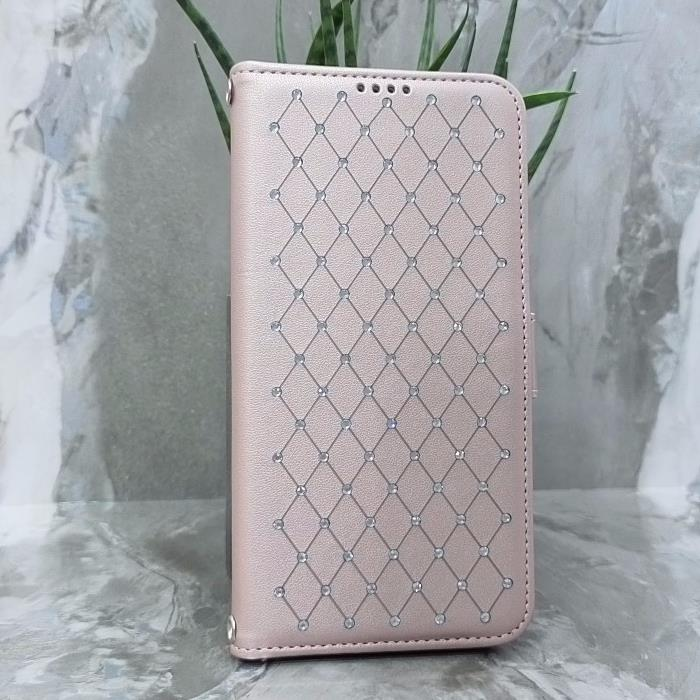 Samsung A12/M12. Книжка, Many Diamonds, магнит сбоку, розовое золото