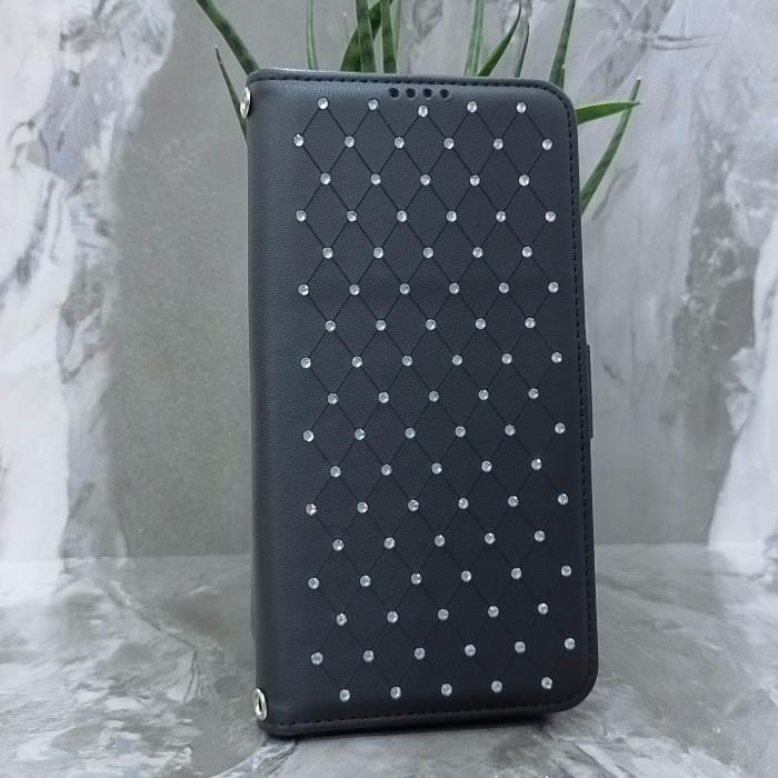 Samsung A12/M12. Книжка, Many Diamonds, магнит сбоку, черный