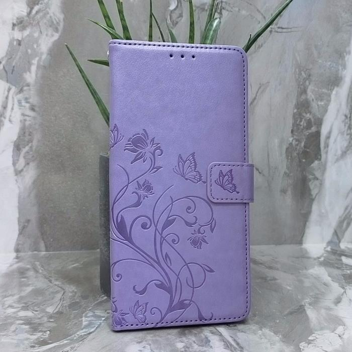 Samsung A12/M12. Книжка, бабочка и цветы, фиолетовый