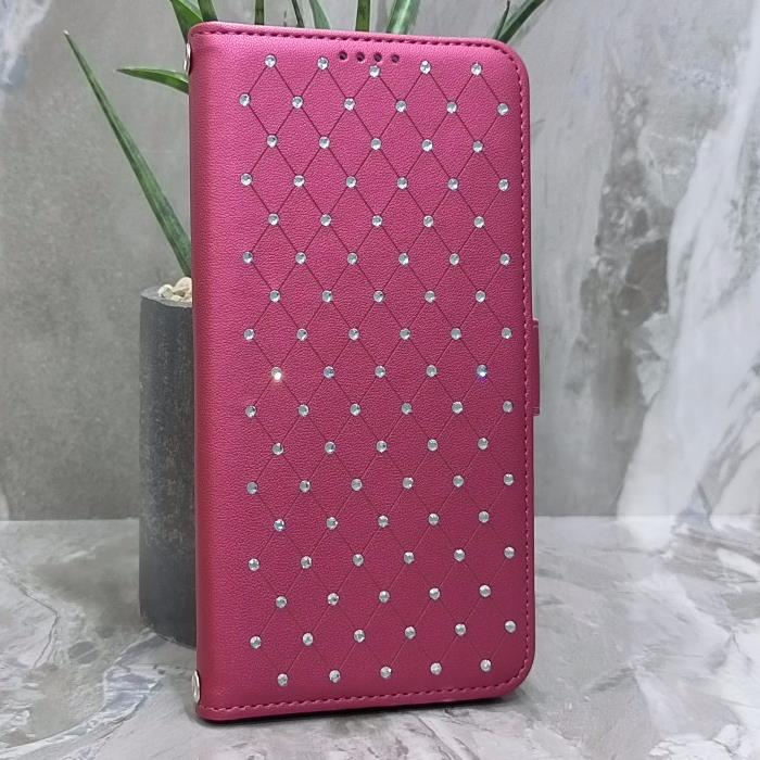 Samsung A12/M12. Книжка, Many Diamonds, магнит сбоку, бордовый