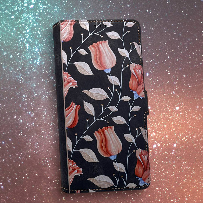 Samsung S21 Ultra. Книжка, Ooniq Soft, Цветы (001), стразы