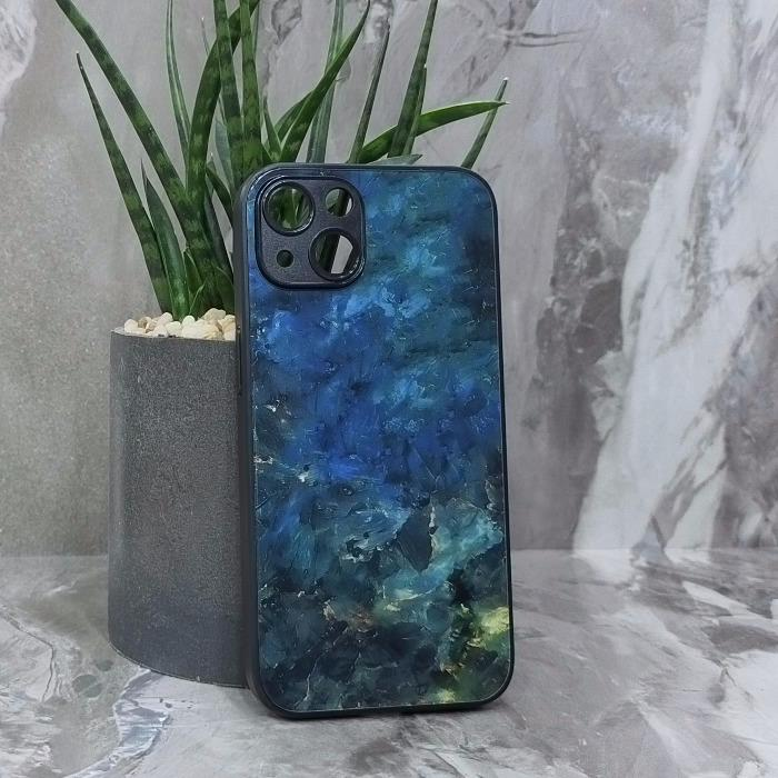 iPhone 13. Накладка, силикон + стекло, Изумрудный Мрамор