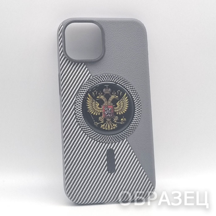 iPhone 13. Накладка, Leather Carbon Mag, Герб, серый