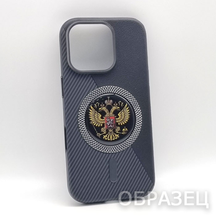 iPhone 13. Накладка, Leather Carbon Mag, Герб, черный