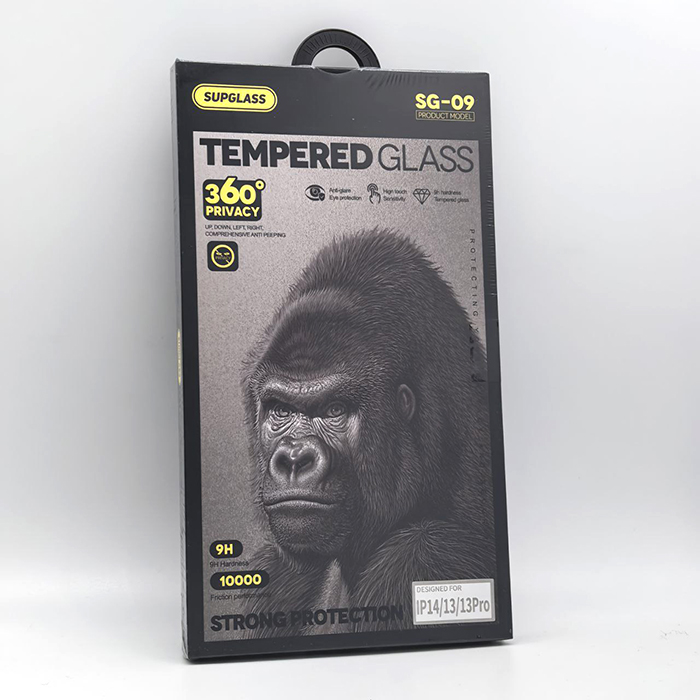 Стекло защитное для iPhone 14 Pro, SupGlass, Анти-шпион/Приватное 360", черная рамка, Full Glue