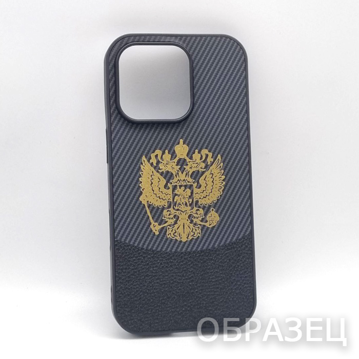 iPhone 14. Накладка, силикон, Carbon Leather, герб, черный