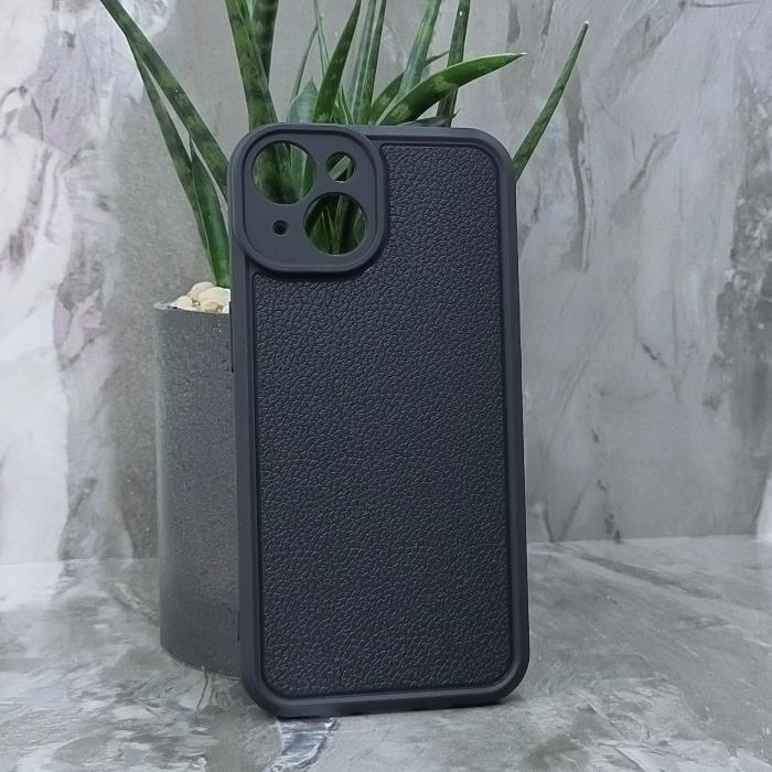 iPhone 14. Накладка, Simple PU Leather Camera, текстура кожи, черный
