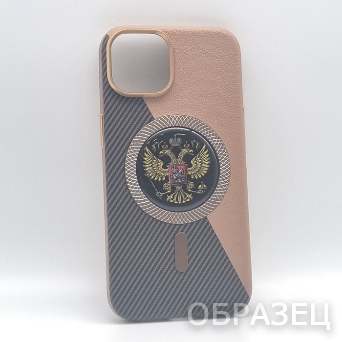 iPhone 14 Pro. Накладка, Leather Carbon Mag, Герб, коричневый