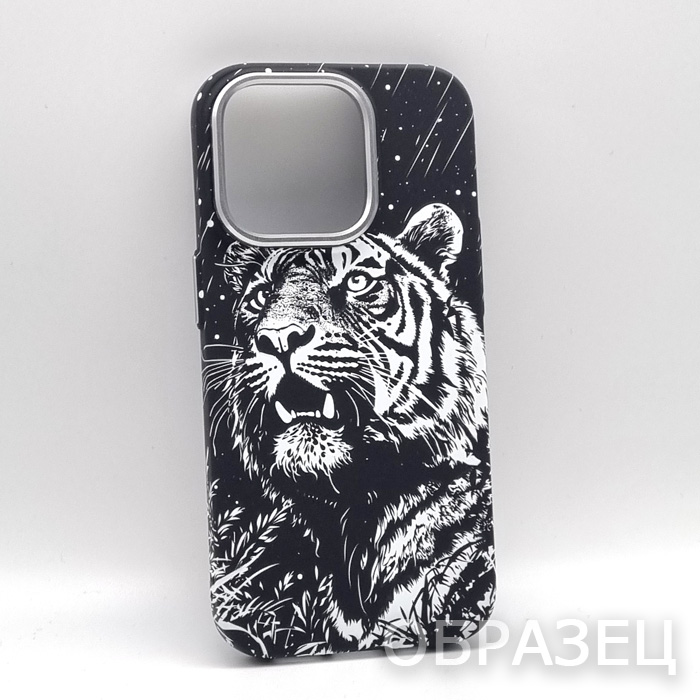 iPhone 14 Pro. Накладка, Metal Camera Edge Mag, пластик, тигр черно-белый