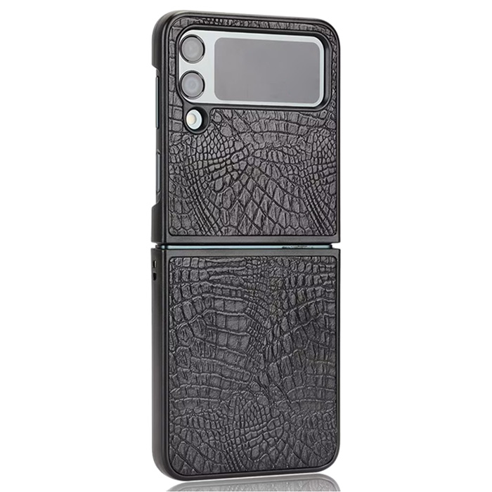 Samsung Z Flip 4. Накладка, пластик + экокожа, двусторонняя, черный