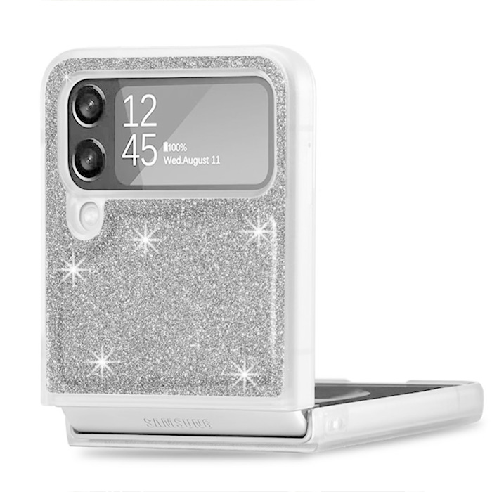 Samsung Z Flip 4. Накладка, пластик + блестки, двусторонняя, серебристый
