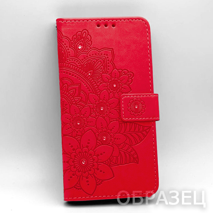 Xiaomi Redmi Note 12 Pro+ 5G. Книжка, Цветы орнамент круглый, стразы, красный