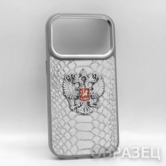 Samsung S23 Ultra. Накладка, Snake Leather Metal Camera, Герб, серый