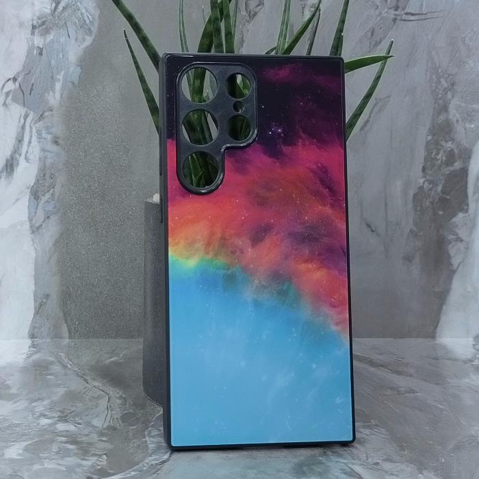 Samsung S23 Ultra. Накладка, силикон + стекло, Космос, черный красный и бирюзовый