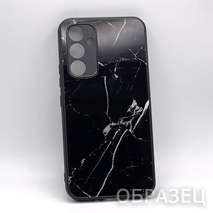 Samsung S23 Plus. Накладка, силикон + стекло, Мрамор №2, черный