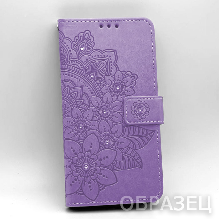 Samsung A04e. Книжка, Цветы орнамент круглый, стразы, фиолетовый