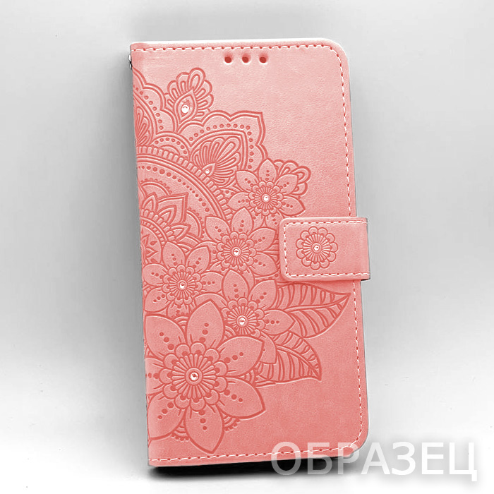 Samsung A04e. Книжка, Цветы орнамент круглый, стразы, розовое золото