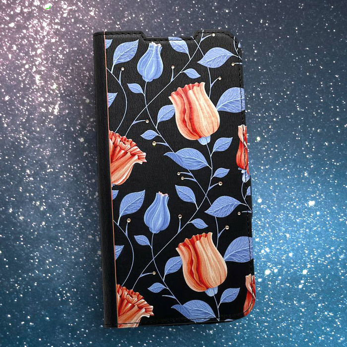 Xiaomi 13 Pro. Книжка, Ooniq, Цветы Красные и Голубые (001), синий, стразы