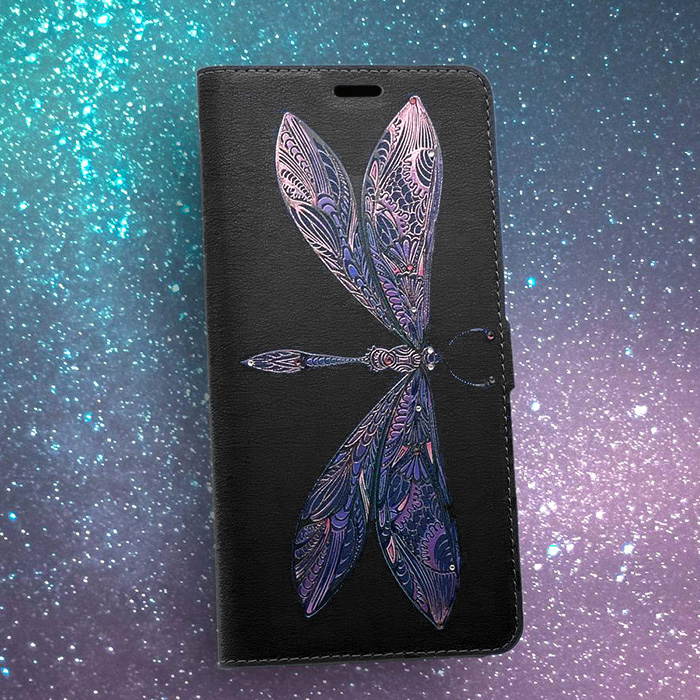 Infinix Smart 7 HD. Книжка, Ooniq, Стрекоза фиолетовая, черный, стразы