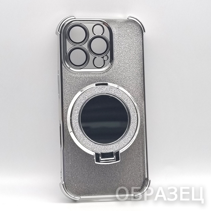 iPhone 15 Pro Max. Накладка, Heavy Armor TPU Big Ring, зеркало, вкладка с блестками, серебристый