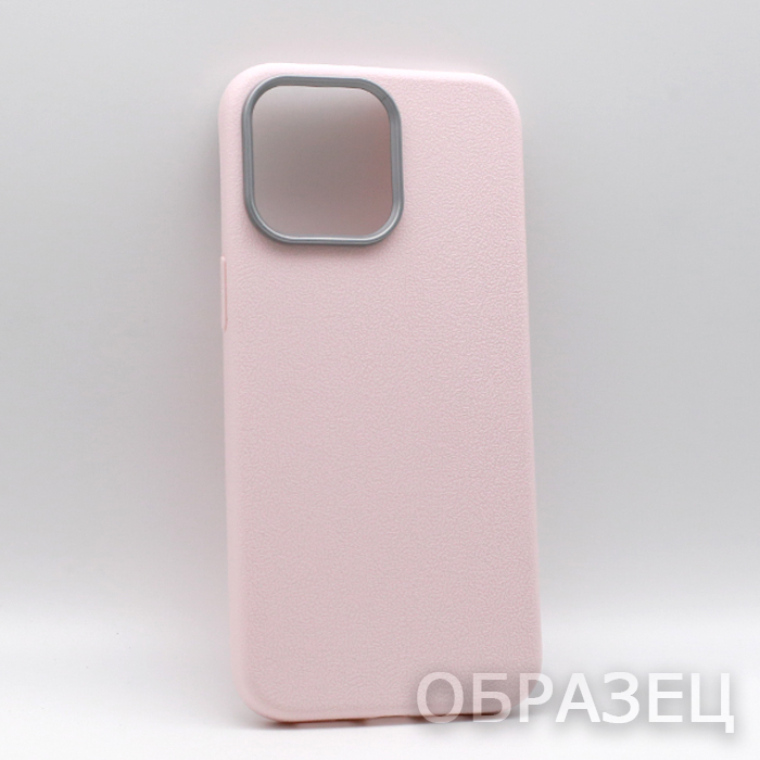 iPhone 15 Pro Max. Накладка, PU Metal Camera Edge, текстура кожи, светло-розовый