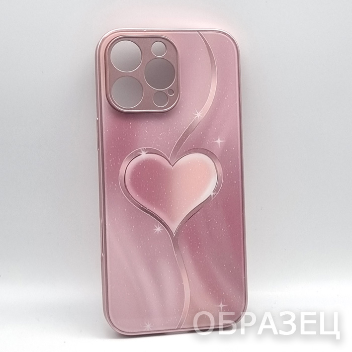 iPhone 15. Накладка, силикон + стекло, Сердце, розовый фон