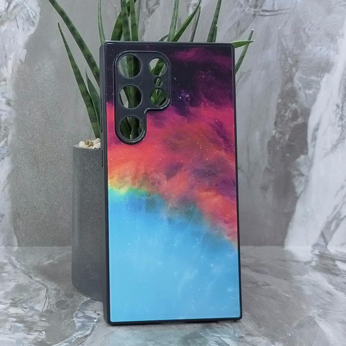 Samsung S24 Ultra. Накладка, силикон + стекло, Космос, черный красный и бирюзовый