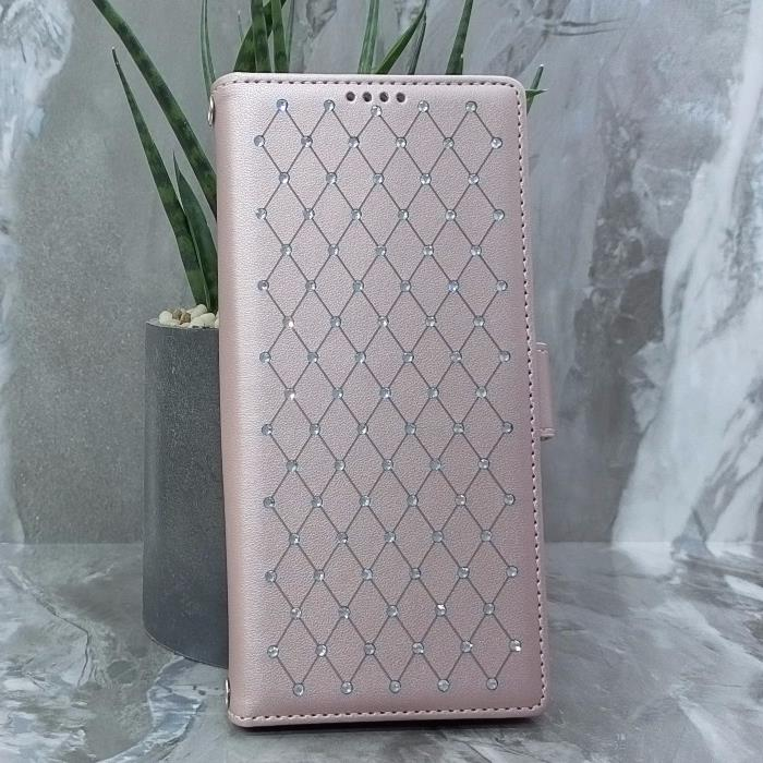 Samsung S24 Ultra. Книжка, Many Diamonds, магнит сбоку, розовое золото