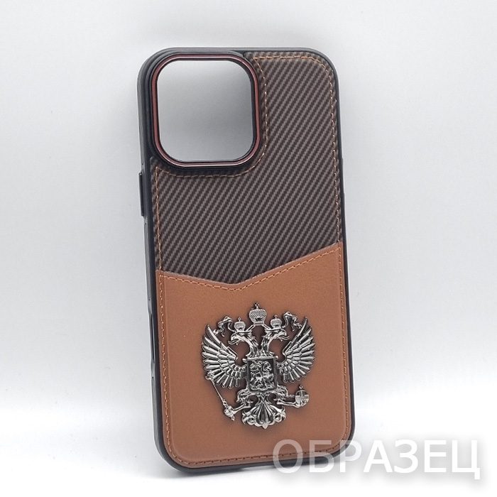 iPhone 16 Pro Max. Накладка, пластик, текстура карбон, Герб, коричневый