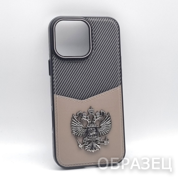 iPhone 16 Pro Max. Накладка, пластик, текстура карбон, Герб, серый