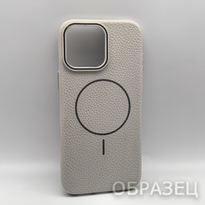 iPhone 16 Pro Max. Накладка, Simple Leather Slim Mag, текстура кожи, бежевый