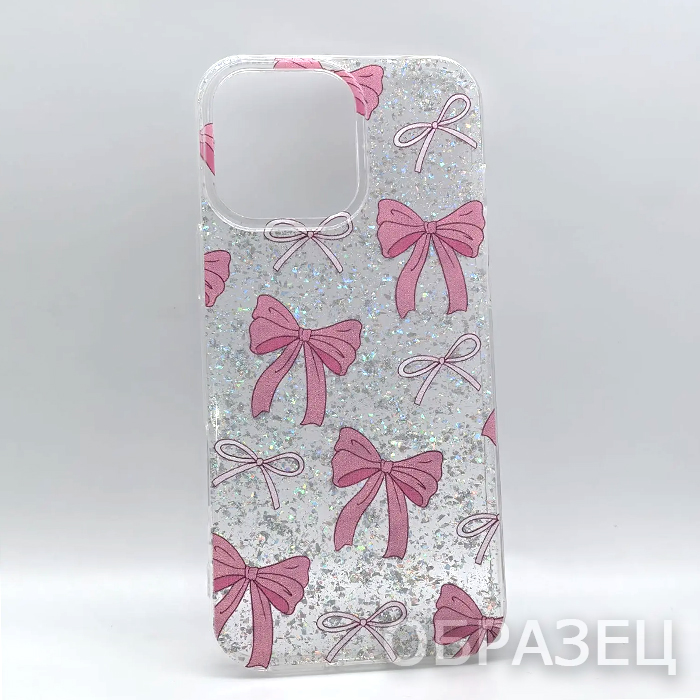iPhone 16 Pro Max. Накладка, Simple Epoxy Glitter, бантики, много блесток, прозрачный