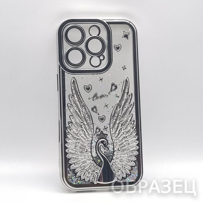 iPhone 16 Pro. Накладка, переливающийся, Лебедь, блестки, серебристый