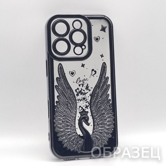 iPhone 16 Pro. Накладка, переливающийся, Лебедь, блестки, черный